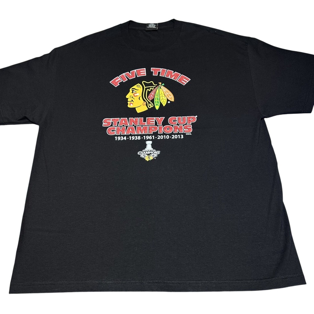 Chicago Blackhawks Five Time Stanley Cup Champions Black T-Shirt Mens 2XL